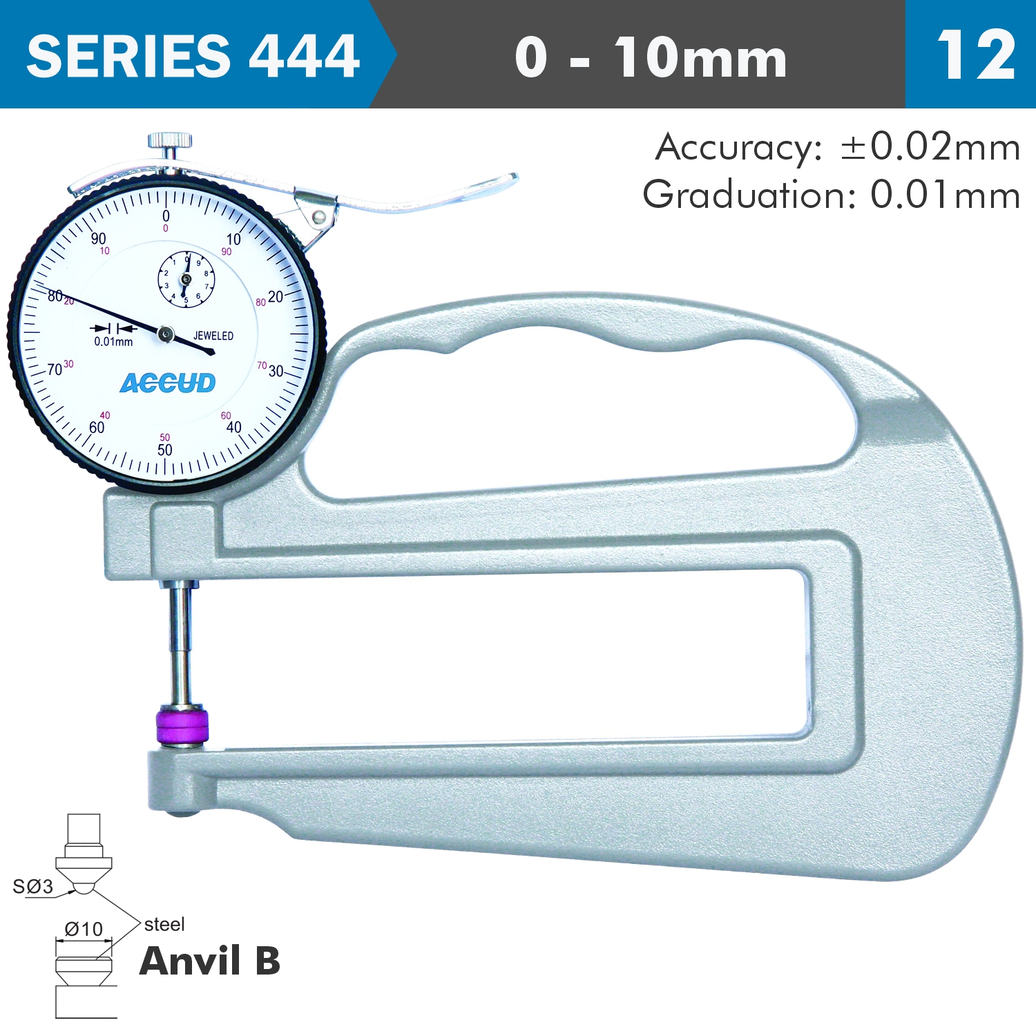 THICKNESS GAUGE 10MM 0.02MM ACC. LARGE DEPTH STEEL ANVIL 0.01MM GRAD.